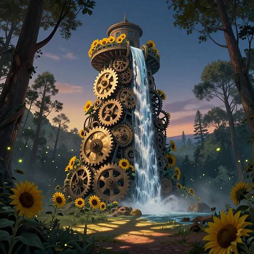 Fantasy digital artwork of a tower made of large gears and sunflowers, with a waterfall cascading down, surrounded by a forest at sunset.