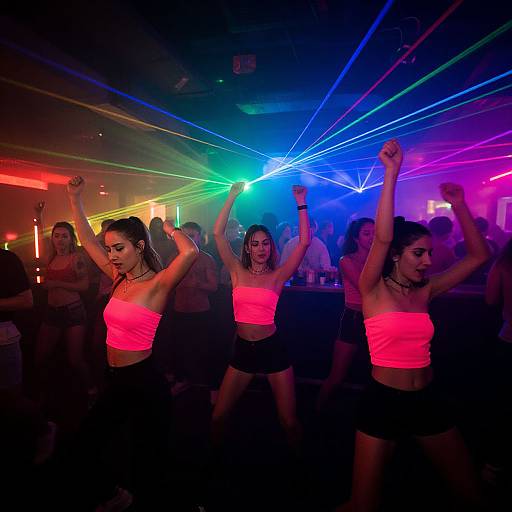 Photograph of three women in neon pink tube tops and black shorts, dancing with raised arms in a vibrant, multicolored nightclub.