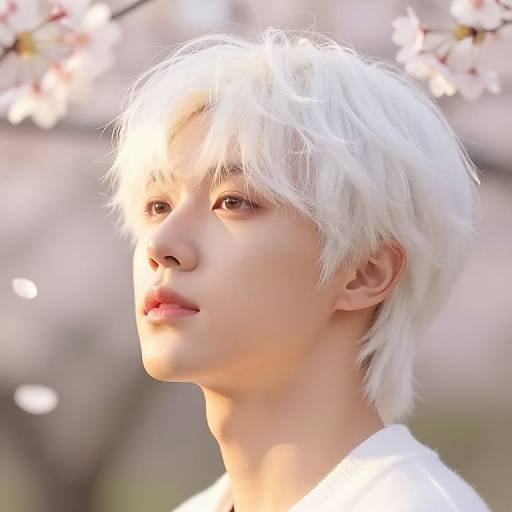 Photograph of a young Asian boy with white, shaggy hair, looking to the side under blooming cherry blossoms, wearing a white shirt