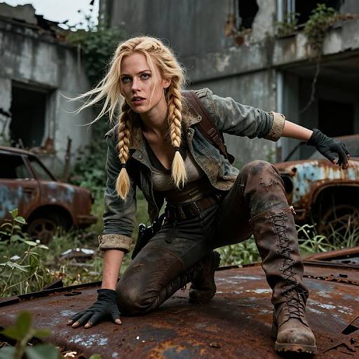 Photograph of a blonde woman with braids, wearing a dirty green jacket and black gloves, crouching on rusty metal in an abandoned, over