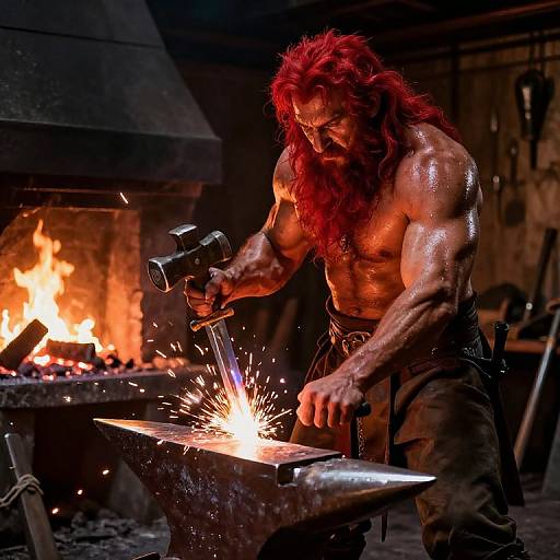 Muscular, red-haired blacksmith with sweat glistening, striking anvil with hammer, sparks flying, fire burning in background, medieval forge setting.