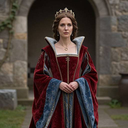 Photograph of a young woman with fair skin and curly brown hair, wearing a gold crown, red velvet gown with blue satin trim, standing in front