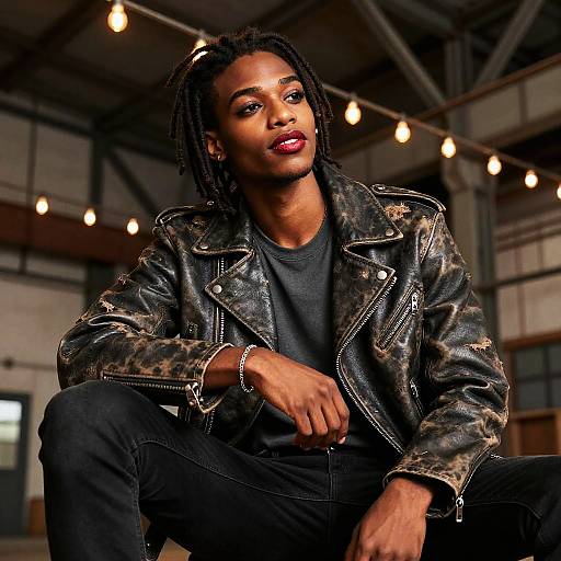 Photograph of a confident Black man with dreadlocks, wearing a black leather jacket and black shirt, sitting in an industrial warehouse with hanging lights.