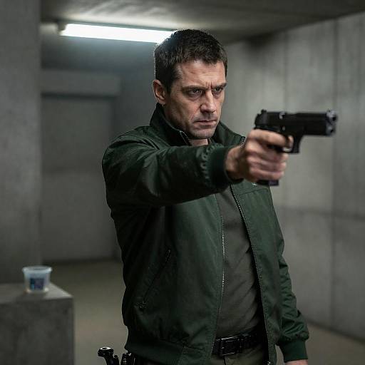 Serious man aiming handgun in dim corridor