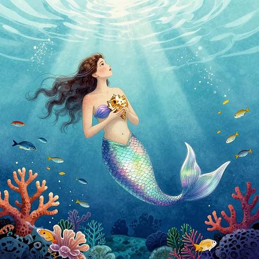 Digital illustration of a beautiful mermaid with long brown hair, shimmering purple and blue scales, holding a seashell, surrounded by colorful coral reefs