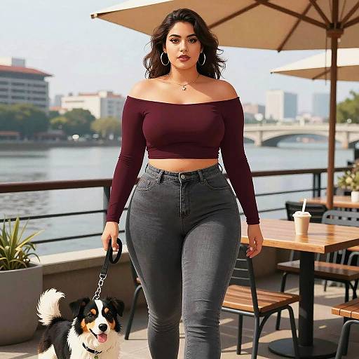 Photograph of a curvy woman with medium skin tone, dark wavy hair, off-shoulder maroon top, high-waisted jeans