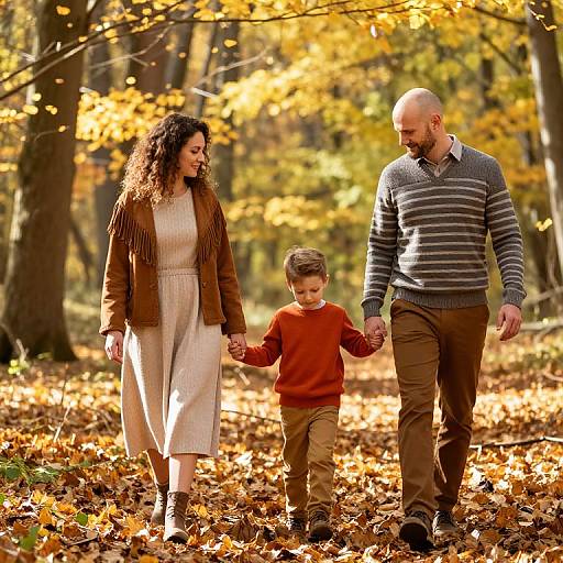 Photograph of a family holding hands in an autumn forest, with golden leaves, a mother in a brown cardigan and white dress, father in gray