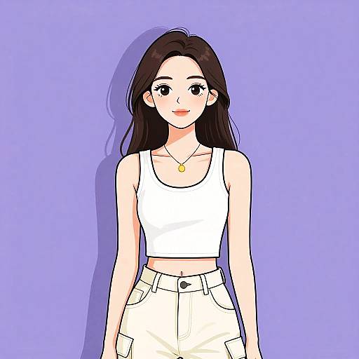 Digital anime-style drawing of a cute young woman with long black hair, fair skin, wearing a white crop top and high-waisted pants, against