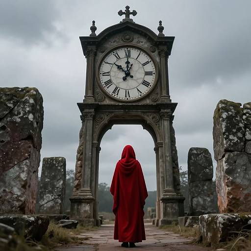Photograph: Person in red hooded cloak stands before ancient, weathered clock archway, surrounded by moss-covered stone ruins under cloudy sky.