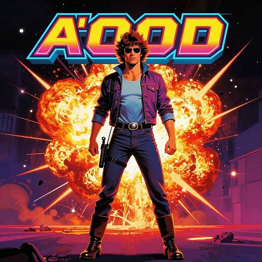 Digital artwork: muscular man with curly hair, sunglasses, blue jacket, white shirt, and jeans, stands confidently in front of a massive explosion, with