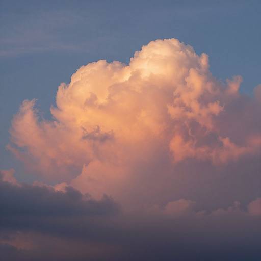 Photograph of a large, fluffy cumulus cloud glowing pink and orange against a blue evening sky, with darker clouds below.