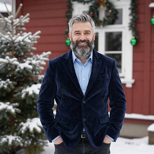 Cheerful Bearded Man by Christmas House