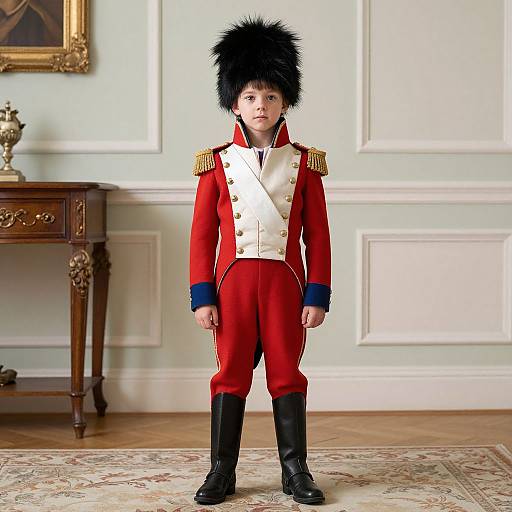 Photograph of a young boy in a red British military uniform with black fur hat, standing in an elegant, vintage room.