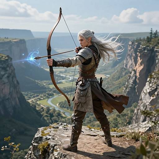 Elderly white-haired elf archer with glowing blue arrow stands on rocky cliff, aiming in vast mountainous valley, digital fantasy art.