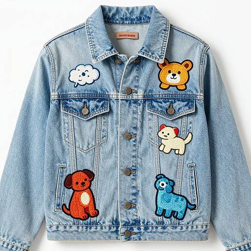 Photograph of a light blue denim jacket featuring colorful embroidered cartoon dogs: red, orange, white, and blue, with cloud patches on chest pockets.