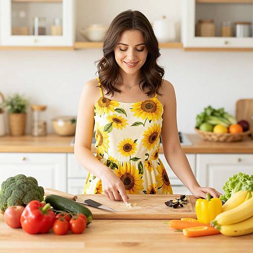 Photograph of a smiling brunette woman in a sunflower dress chopping vegetables on a wooden kitchen counter with fresh produce.