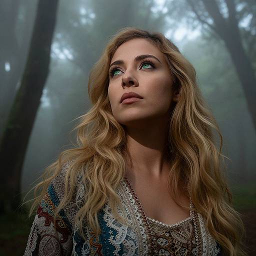 Photograph of a blonde woman with wavy hair, green eyes, and intricate patterned top, gazing upward in a misty forest.