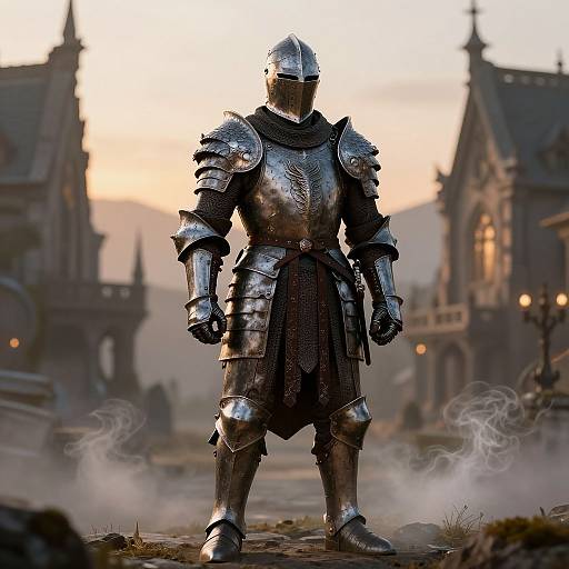 Digital artwork of a silver-armored knight standing in a misty, medieval village at sunset, with Gothic architecture in the background.
