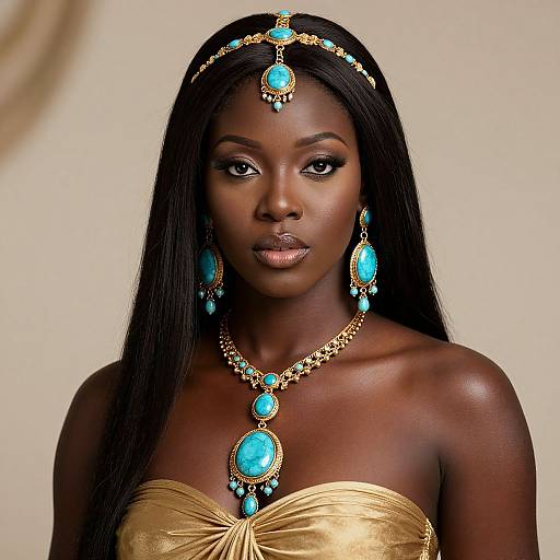 Regal Black Woman with Gold Turquoise Jewelry