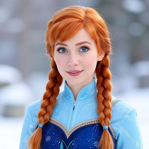 Photorealistic digital portrait of a young woman with vibrant red braided hair, blue eyes, and fair skin, wearing a light blue, snowflake