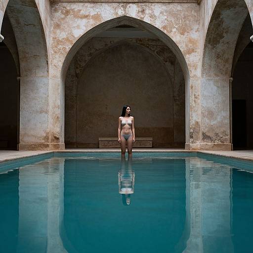 Photograph of a topless woman with dark hair, wearing blue bikini bottoms, standing in an empty, arched, stone-walled pool. Reflection