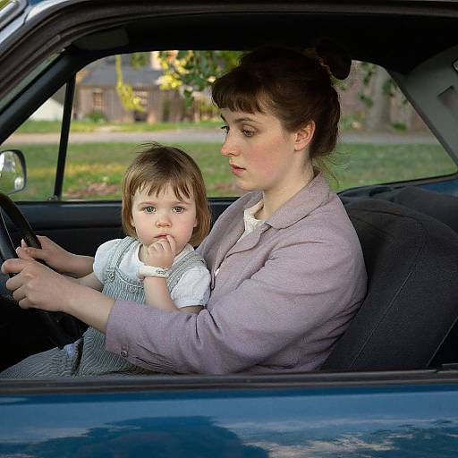Photograph of a Caucasian woman with brown hair in a purple blouse, driving a blue car, with a young girl in a white dress sitting beside her