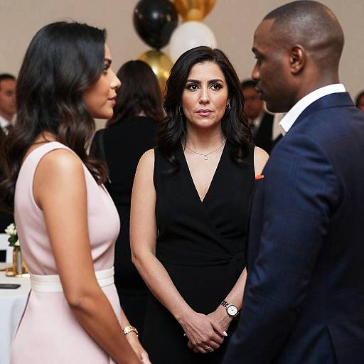 Three People in Conversation at Formal Event