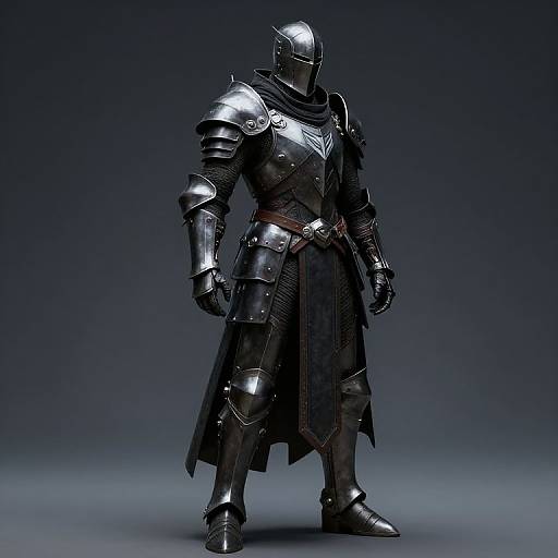 Photorealistic digital rendering of a tall, armored knight in shiny silver plate armor, helmet, long black cloak, and brown belt, standing against a
