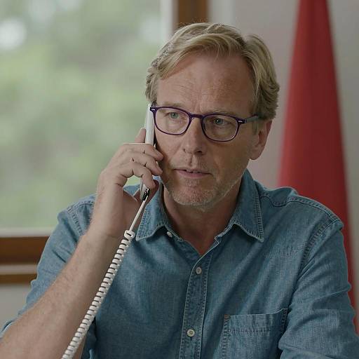 Middle-aged man talking on corded phone