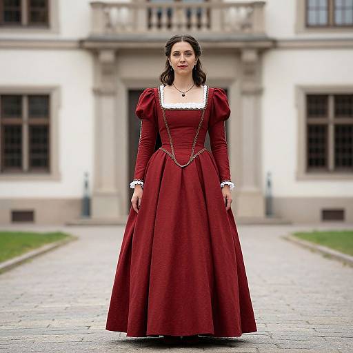 Photograph of a young woman with pale skin and dark hair, wearing a red, 18th-century-style gown with puffed sleeves, standing in