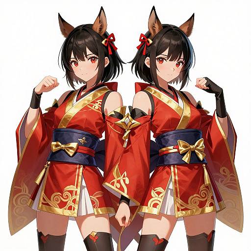 Digital anime-style drawing of two identical, cute, black-haired girls with fox ears, red kimono, gold trim, black gloves, and thigh-high