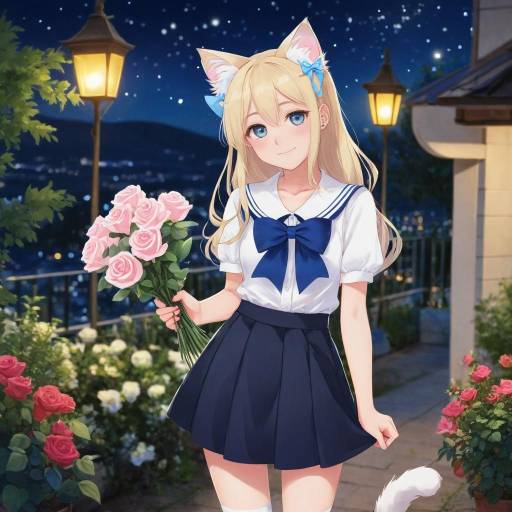 Enchanting Cat Girl with Flowers