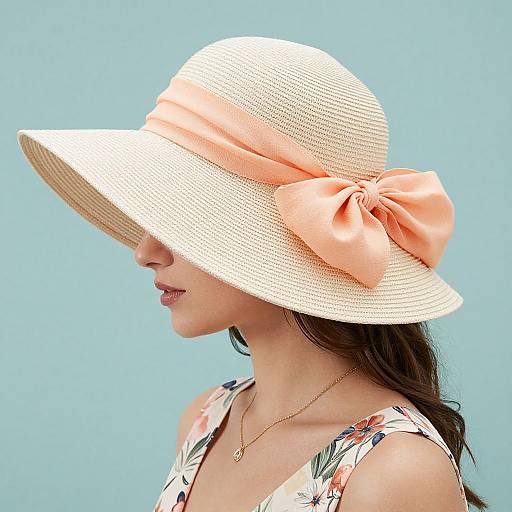Photograph of a woman with fair skin wearing a large, beige sunhat with a peach bow, white floral dress, and gold necklace against a light