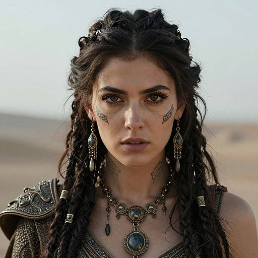 Photograph of a young woman with dark braided hair, tribal face paint, ornate jewelry, and desert background, wearing medieval-inspired armor.