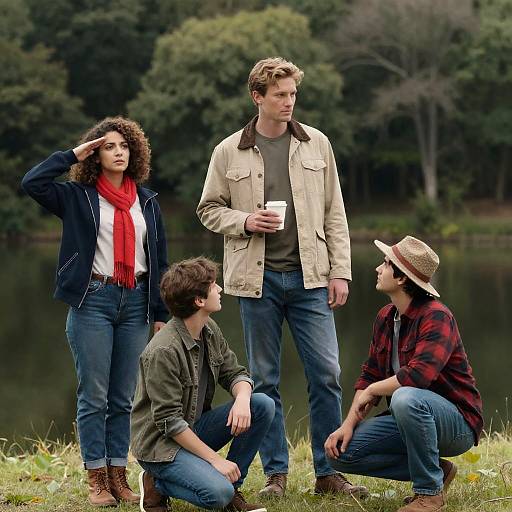 Group of friends by forested lake