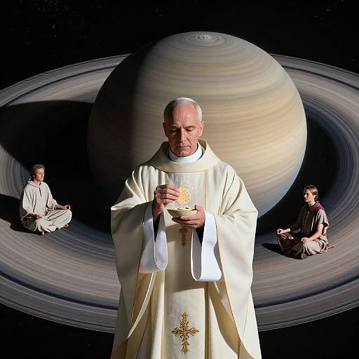 Photograph of a bearded priest in white robes, holding a host, standing before a large Saturn-like planet with two seated monks.
