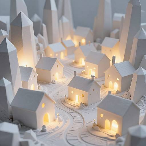 Photograph of a white, geometric, miniature village with glowing, warm-lit houses and buildings arranged on a winding street.