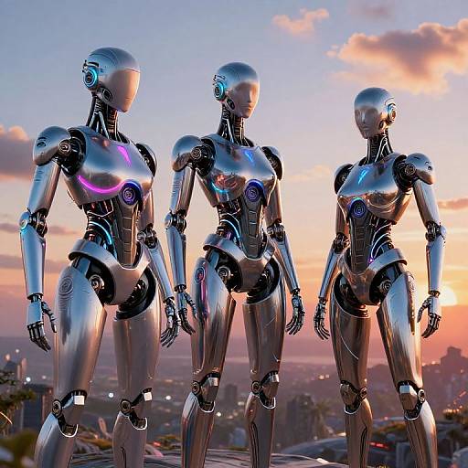 Photorealistic CGI of three sleek, silver humanoid robots with glowing purple accents standing against a sunset sky over a cityscape.