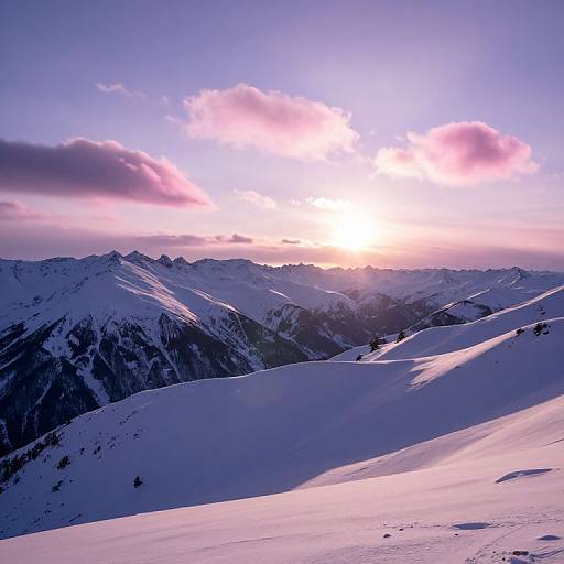 Photograph of a snow-covered mountain range at sunset, with vibrant pink and purple clouds, bright sunlight, and shadowed slopes.