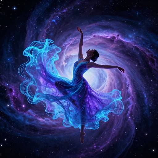 Digital art: Silhouetted dancer in flowing blue-purple dress, surrounded by ethereal, glowing blue ribbons, floating in a swirling, star