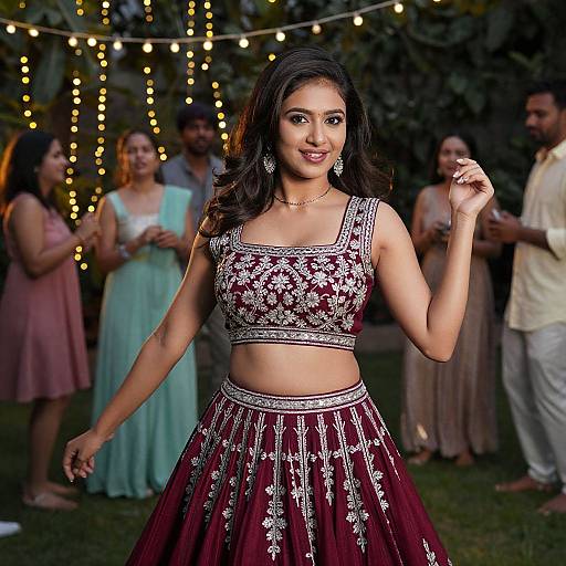 Photograph of a smiling Indian woman in a maroon, embroidered crop top and skirt, dancing at a nighttime outdoor event with string lights, surrounded by