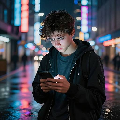 Photograph of a young man with short, messy dark hair, wearing a black jacket and gray shirt, intently looking at his phone in a brightly