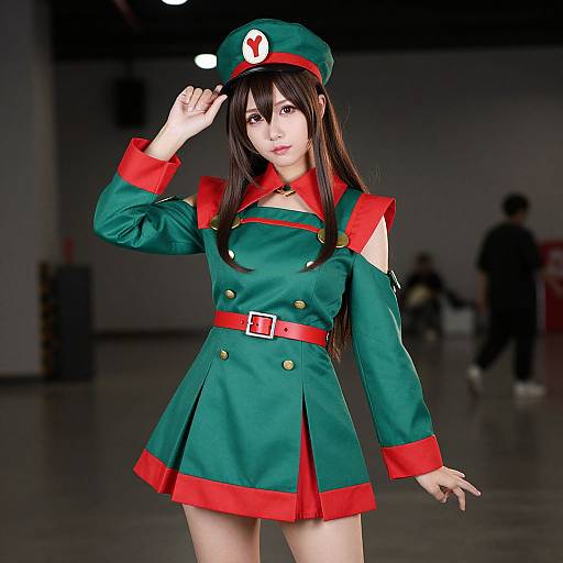 Photograph of an Asian woman cosplaying as a green and red military-style nurse, saluting, with long black hair, in a dimly lit