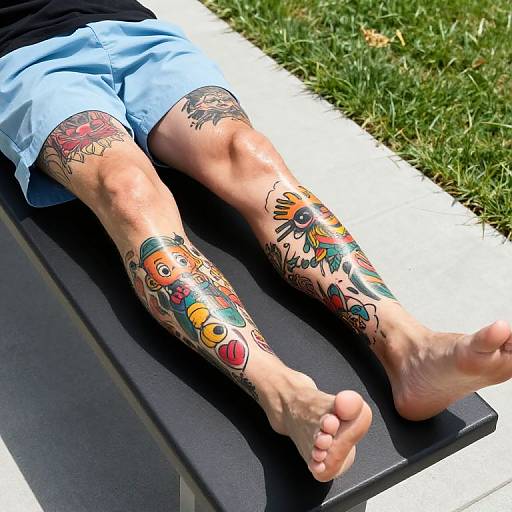 Photograph of tattooed legs with colorful cartoon designs, lying on a black mat outdoors on grass, wearing light blue shorts.