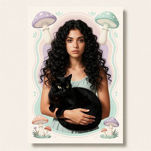 Girl Holding Black Cat with Psychedelic Mushroom Poster