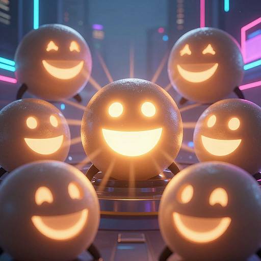 Photorealistic CGI of seven glowing jack-o'-lantern balls in a neon-lit, futuristic cityscape, arranged in a circular pattern with radiant