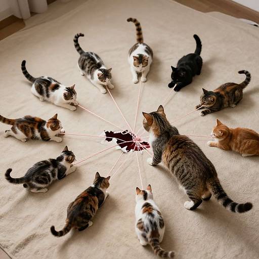 Photograph of nine colorful cats, sitting in a circle on a beige blanket, staring at a black silhouette in the center. Red lines connect their gaz