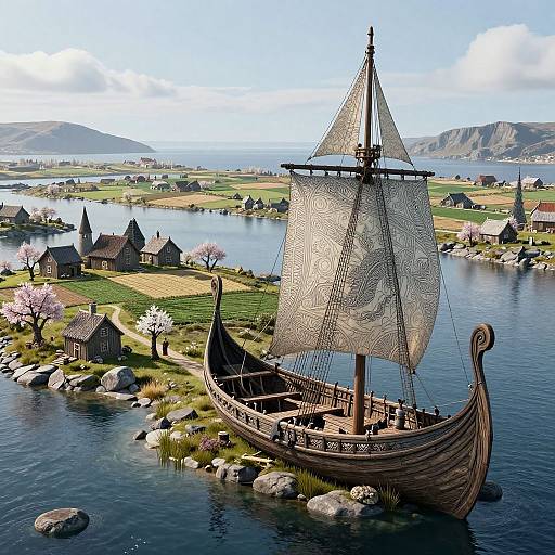 Digital illustration of a Viking longship with intricate sail patterns, sailing through a serene, picturesque village with cherry blossom trees.