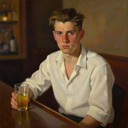 Oil painting of a pensive young man with fair skin and short, dark hair, wearing a white shirt, holding a glass of beer at a dim