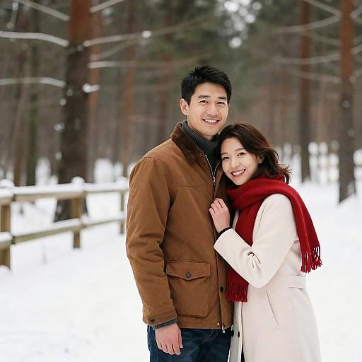Happy Couple in Snowy Forest Setting